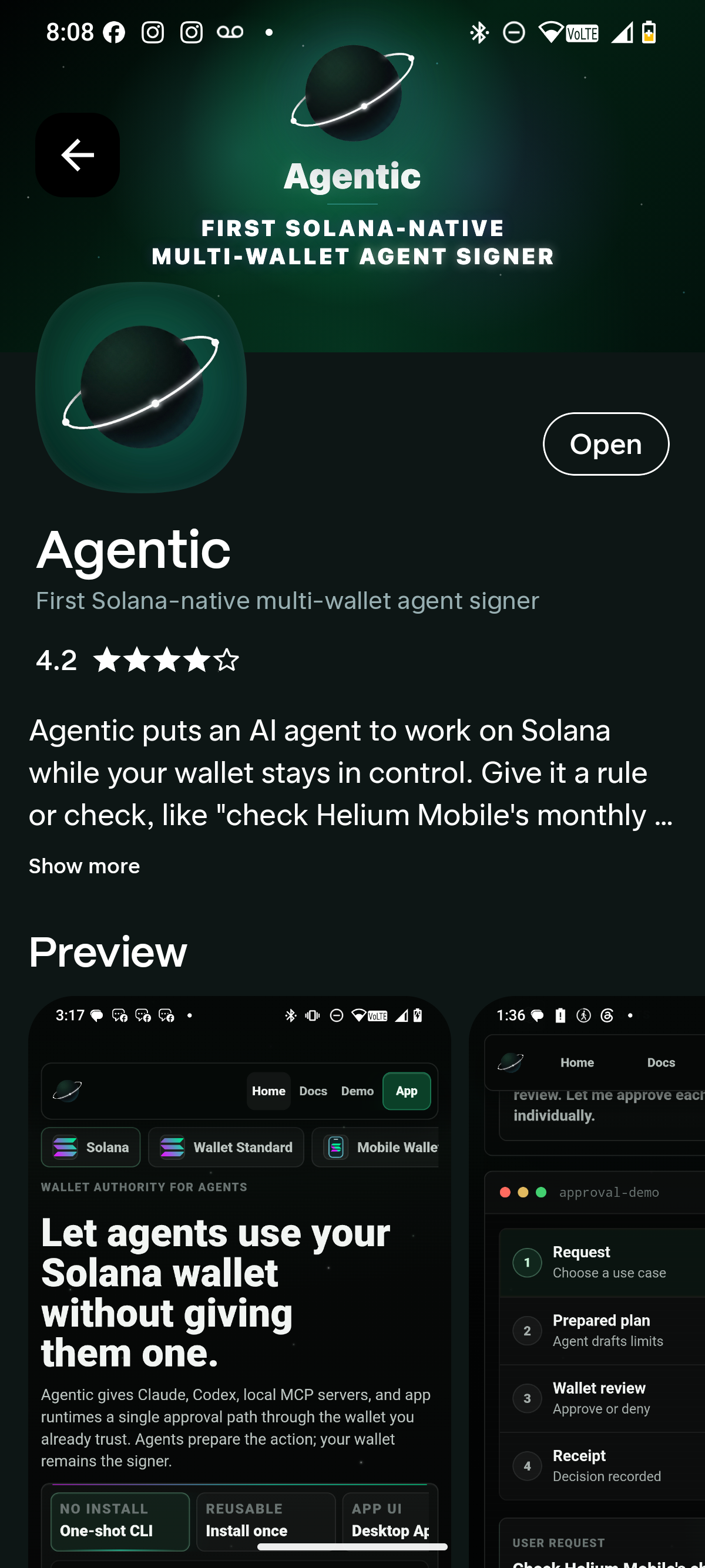 Agentic Solana dApp Store listing showing app icon, open button, description, and preview screenshots.