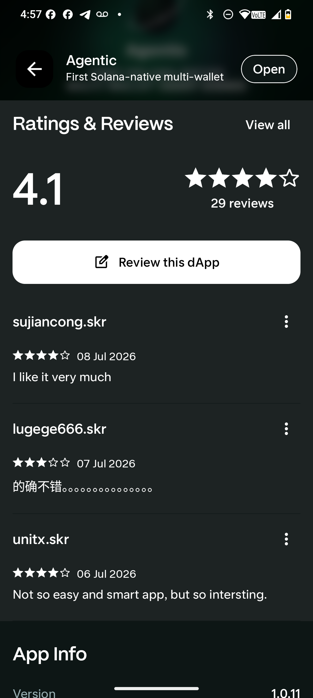 Agentic ratings and reviews summary screenshot from the Solana dApp Store.