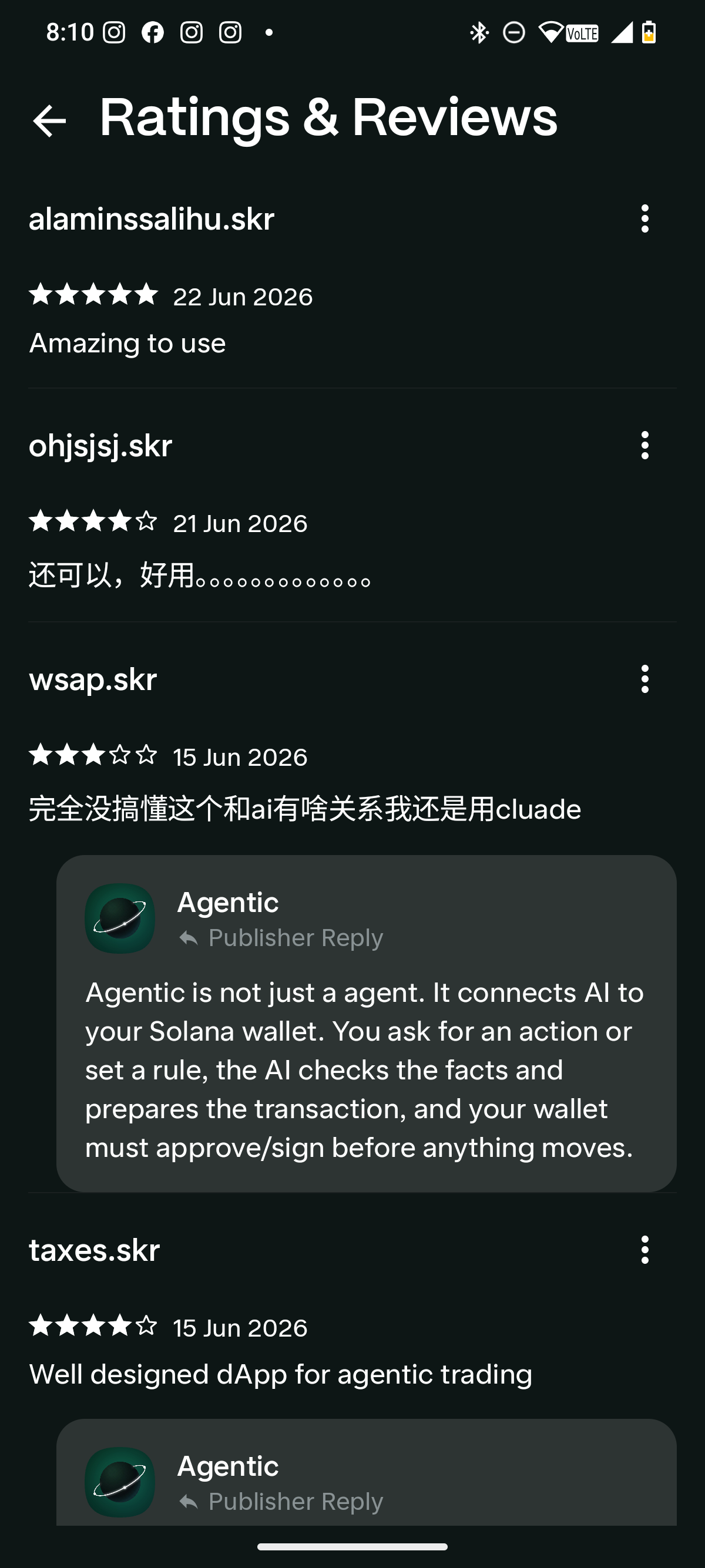 Second Agentic full reviews screenshot with additional Solana dApp Store reviews and publisher replies.