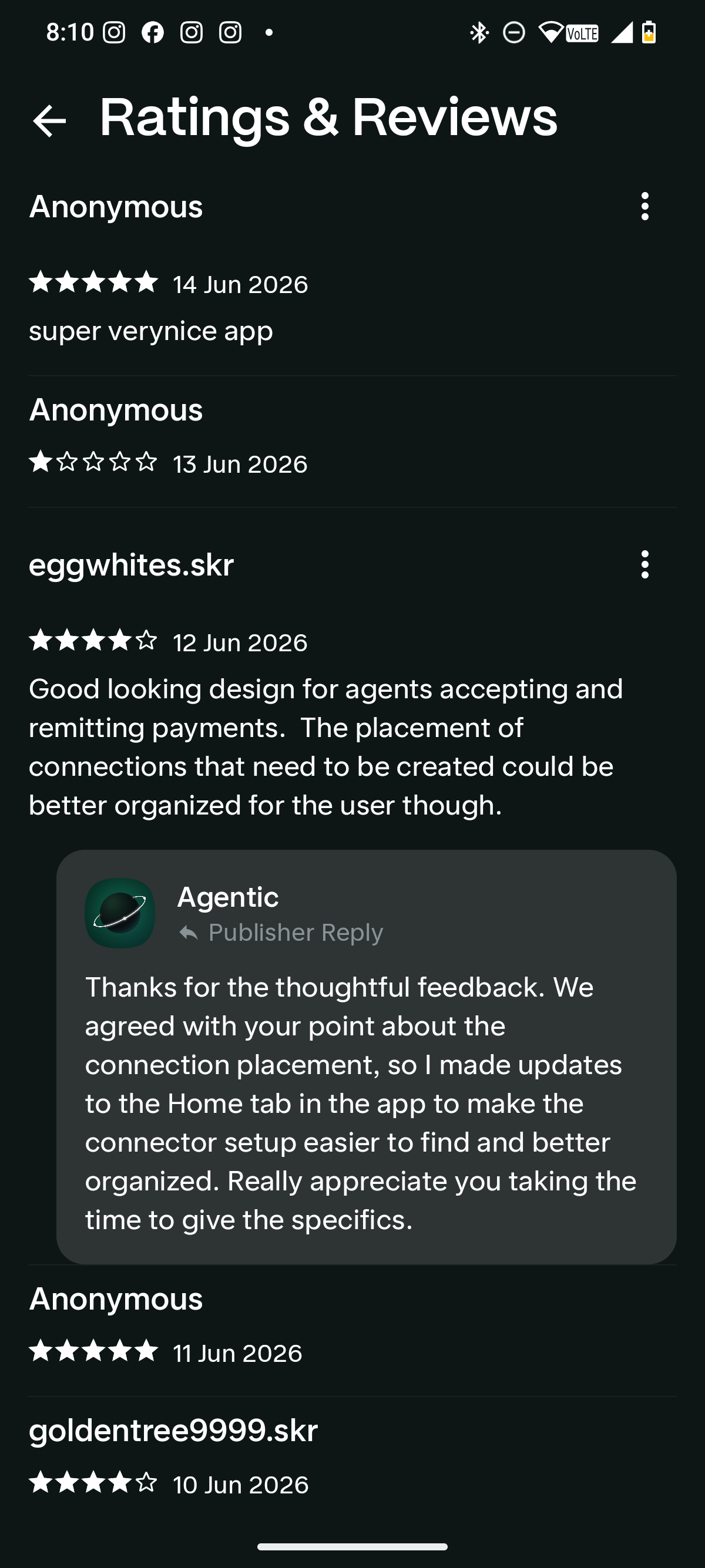 Third Agentic full reviews screenshot with more Solana dApp Store reviews and a publisher reply.