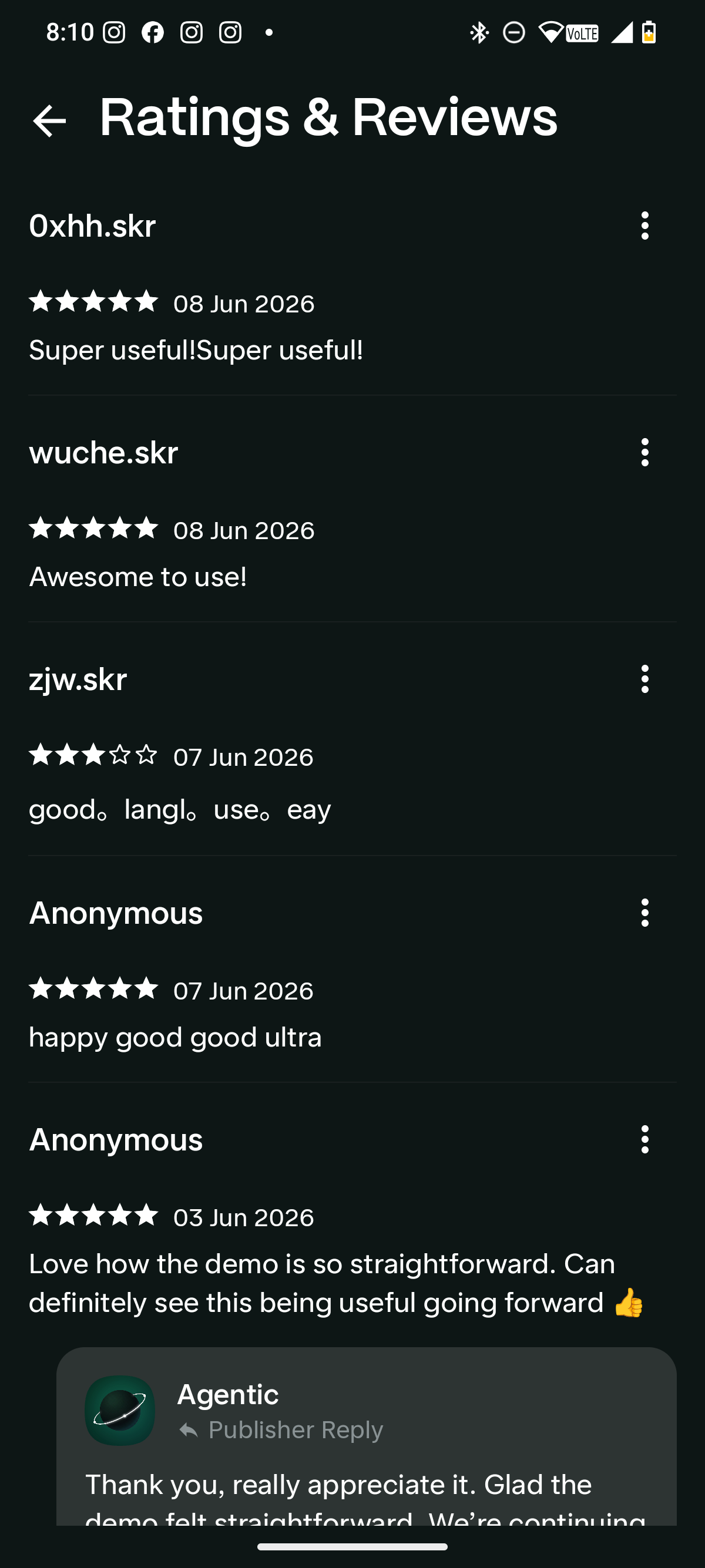 Fifth Agentic full reviews screenshot with older Solana dApp Store reviews and a publisher reply.