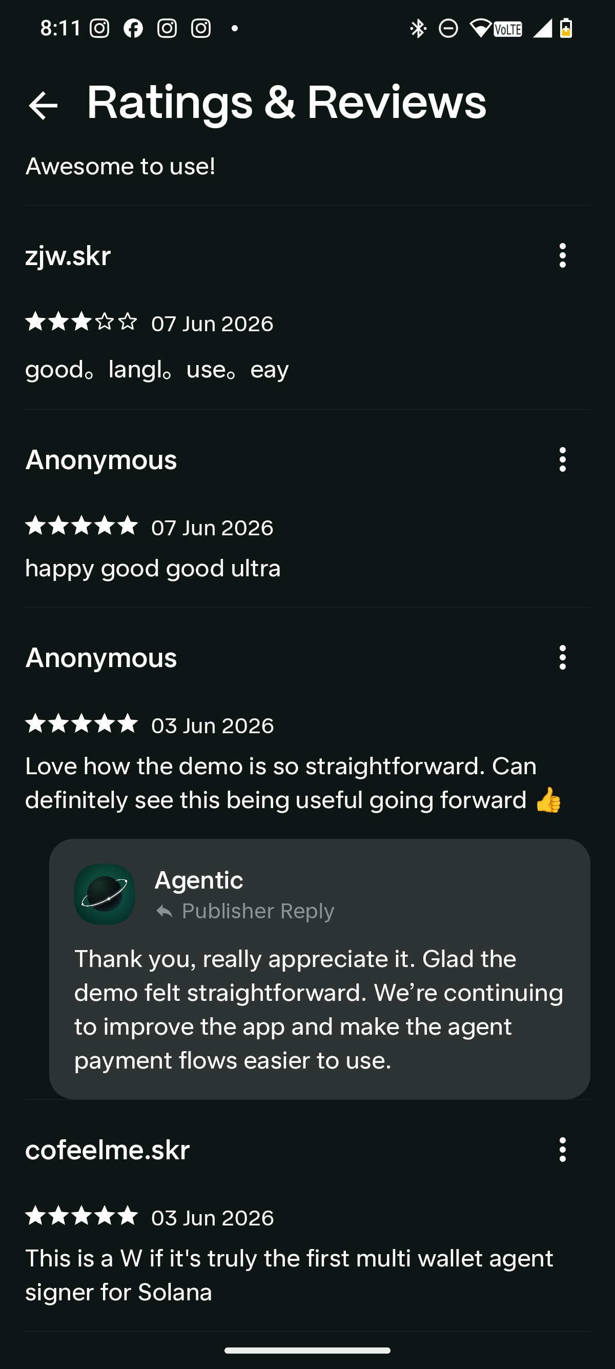 Sixth Agentic full reviews screenshot with additional older Solana dApp Store reviews and a publisher reply.