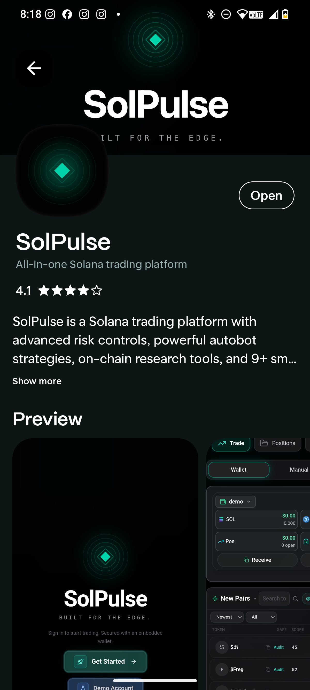 SolPulse Solana dApp Store listing showing app icon, open button, 4.1 rating, description, and preview screenshots.