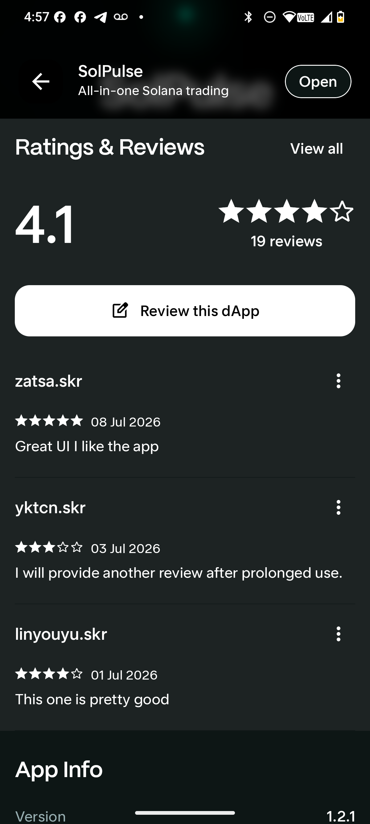 SolPulse ratings and reviews summary showing 4.1 dApp Store rating, 19 dApp Store reviews, and recent review evidence.