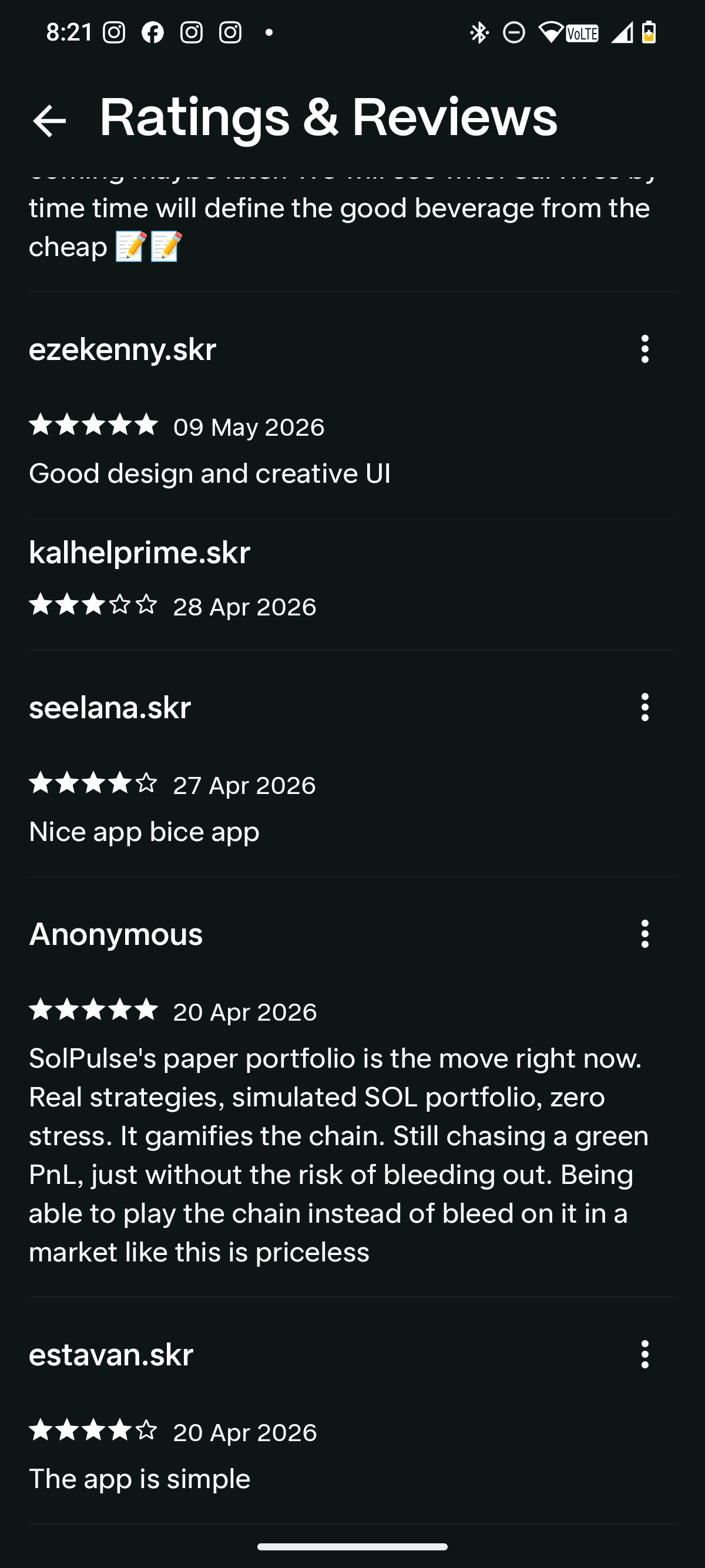 Third SolPulse full reviews screenshot with more Solana dApp Store reviews.
