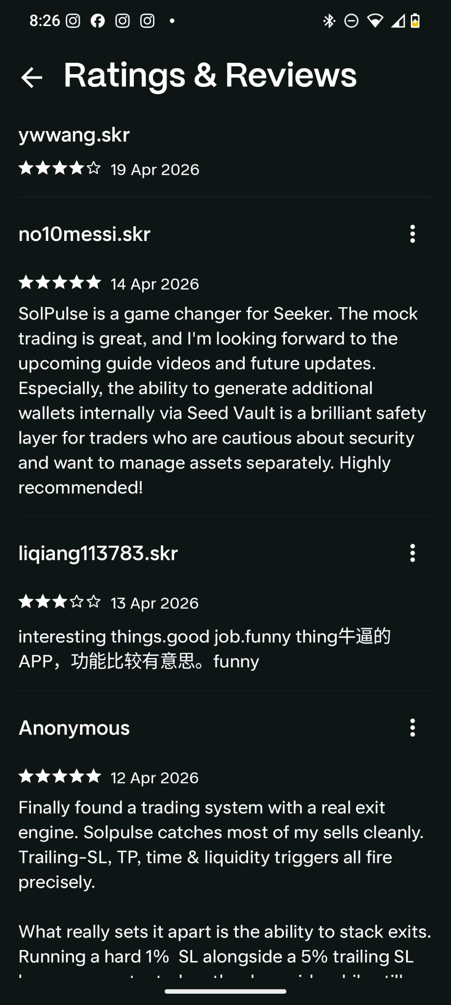 Fourth SolPulse full reviews screenshot with older Solana dApp Store reviews.