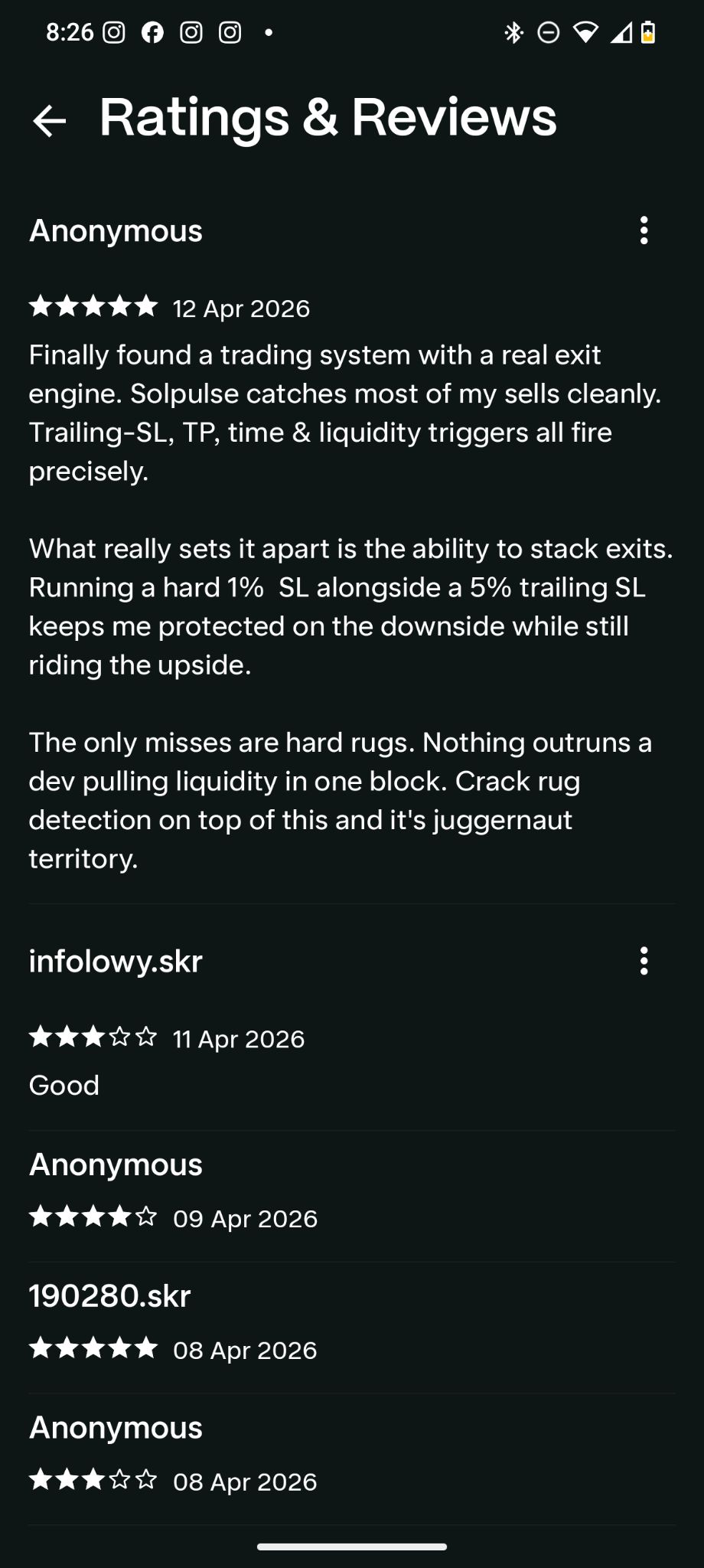 Fifth SolPulse full reviews screenshot with older Solana dApp Store reviews.